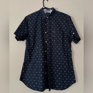 Ben Sherman Navy Short-Sleeve Button-Down Shirt with Small Sunglasses Print